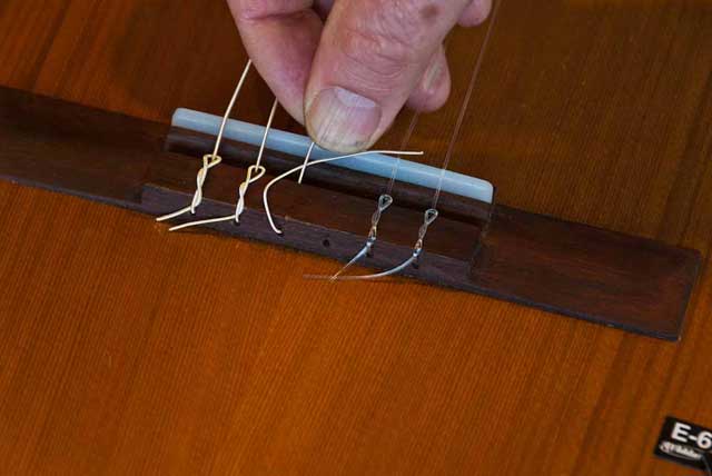 Threading the string through the bridge on a classic guitar